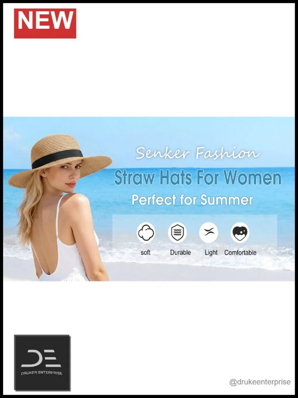 Wide Brim Straw Sun Hat with UV Protection, Packable for Women